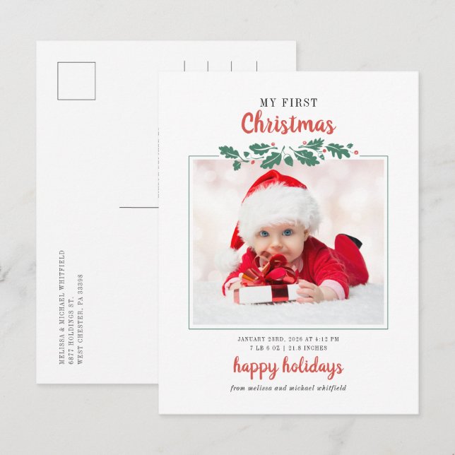 My First Christmas Baby Birth Photo Greetings Invitation Postcard (Front/Back)