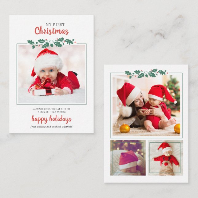 My First Christmas Baby Birth Photo Holiday Note Card (Front/Back)