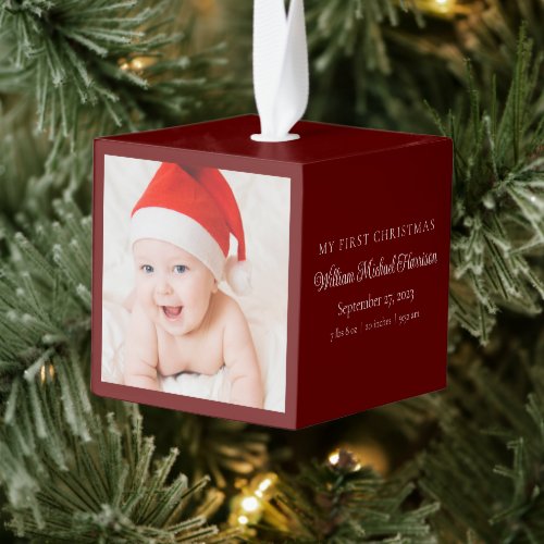 My First Christmas Baby Birth Stats Photo Red Cube Ornament