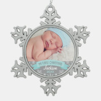 My First Christmas | Baby Boy Aqua Blue Photo Snowflake Pewter Christmas Ornament