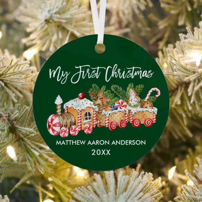 My First Christmas Baby Gingerbread Train Green Metal Ornament (Insitu)