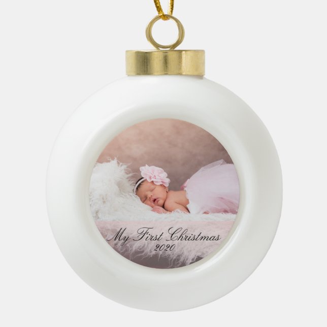My First Christmas Baby Girl Pink Ceramic Ball Christmas Ornament (Front)
