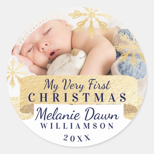 My First Christmas Baby Gold Snowflake Photo Classic Round Sticker