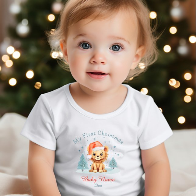 My First Christmas Baby Lion Custom Name Keepsake Baby T-Shirt (Creator Uploaded)