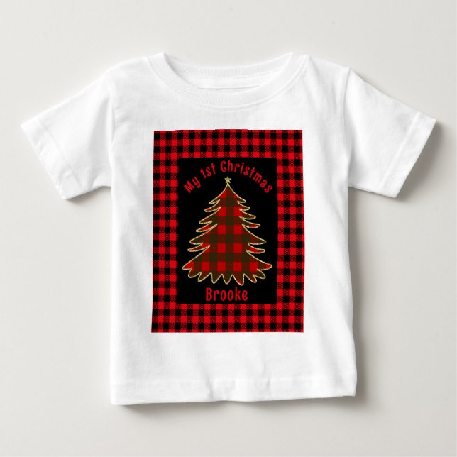 My First Christmas baby Name red palaid xmas tree Baby T-Shirt (Front)