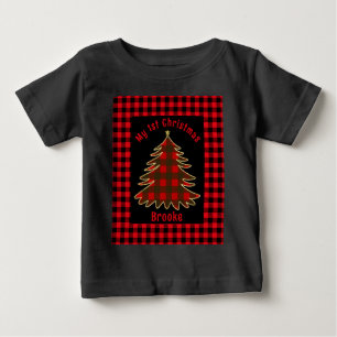 My First Christmas baby Name red palaid xmas tree T-Shirt