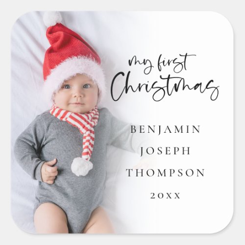 My First Christmas Baby Name Year Photo Overlay  Square Sticker