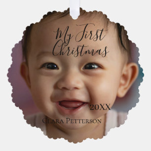 My first Christmas baby photo add name year modern Ornament Card