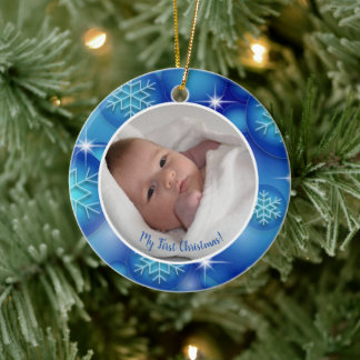 My First Christmas baby photo blue Ceramic Ornament