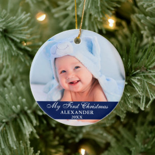 My First Christmas Baby Photo Blue Ceramic Ornament