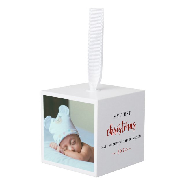 My First Christmas Baby Photo Cube Ornament (Front Angled)