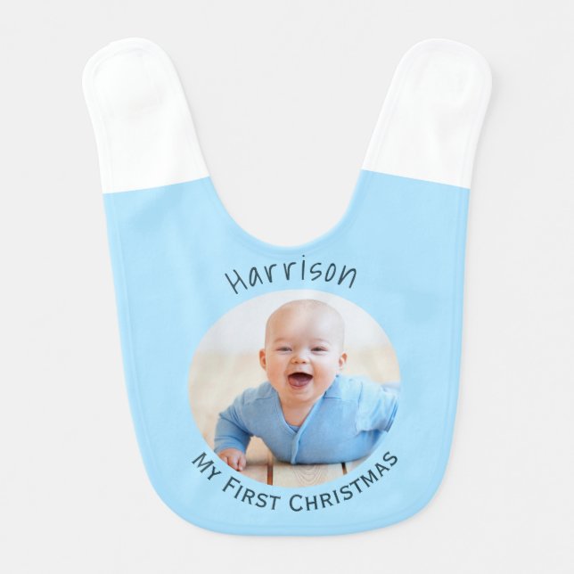 My First Christmas Baby Photo Custom Name Blue Baby Bib (Front)