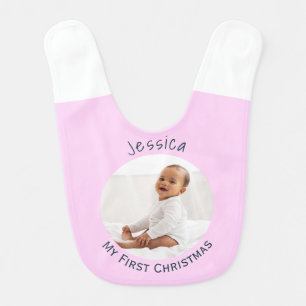 My First Christmas Baby Photo Custom Name Pink Bib
