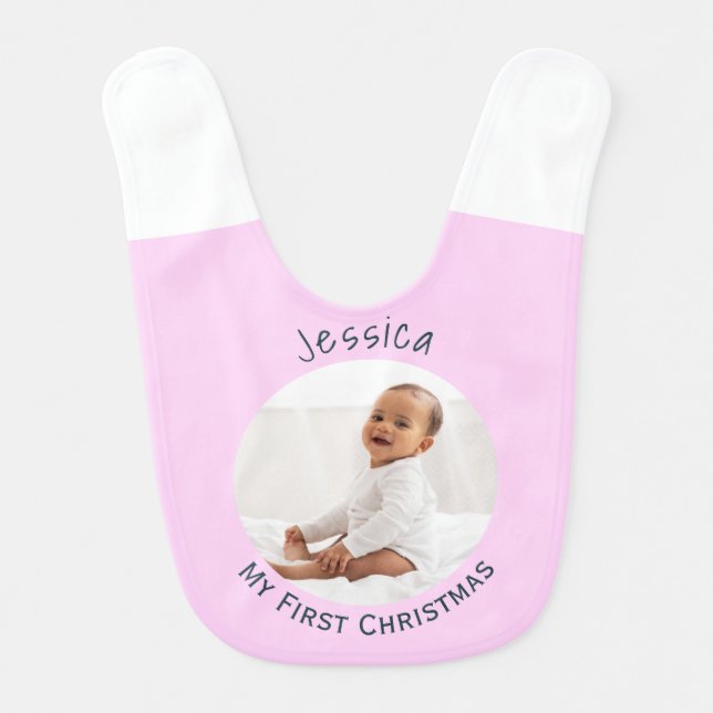 My First Christmas Baby Photo Custom Name Pink Bib (Front)