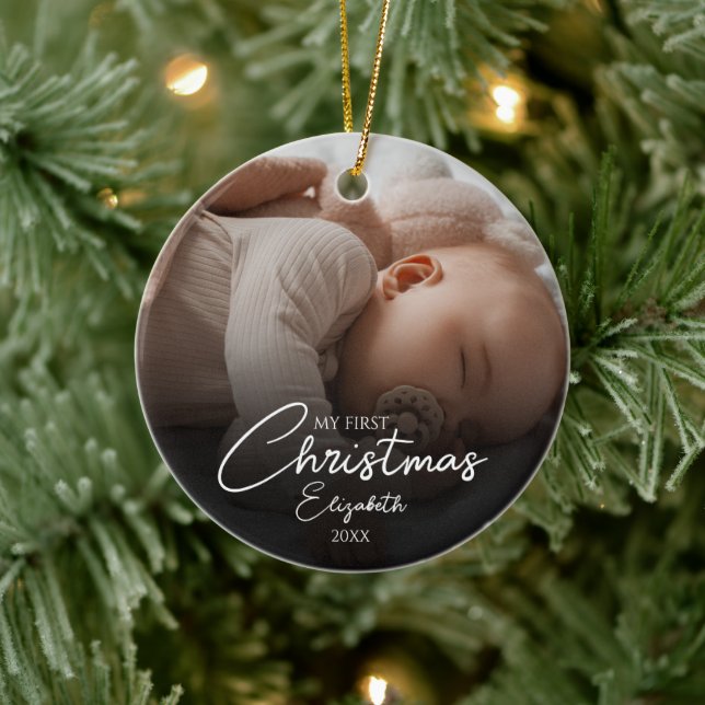 My First Christmas Baby Photo Elegant Script Ceramic Ornament (Tree)