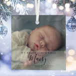 My First Christmas Baby Photo Elegant Script Glass Glass Ornament<br><div class="desc">Baby's first Christmas photo script keepsake ornament. Personalize with your favorite baby photo along with their name and date to create a unique memory and gift for a special first Christmas. A lovely keepsake to celebrate your new arrival! Designed by Thisisnotme©</div>