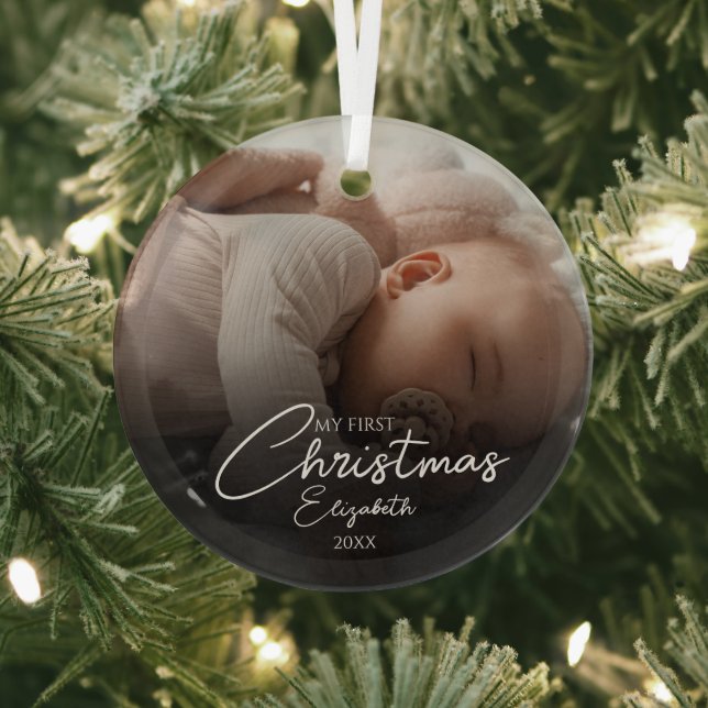 My First Christmas Baby Photo Elegant Script Glass Ornament (Insitu)