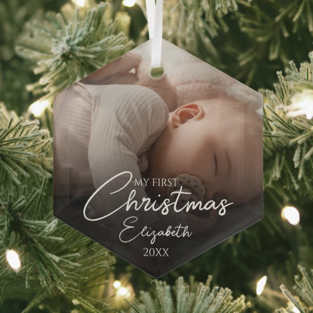 My First Christmas Baby Photo Elegant Script Glass Ornament (Insitu)