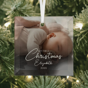 My First Christmas Baby Photo Elegant Script Glass Ornament