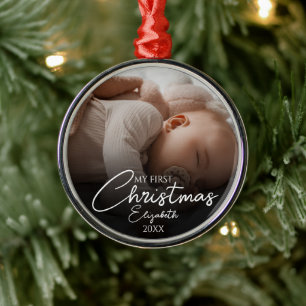 My First Christmas Baby Photo Elegant Script Metal Ornament