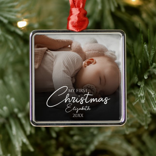 My First Christmas Baby Photo Elegant Script Metal Ornament (Tree)