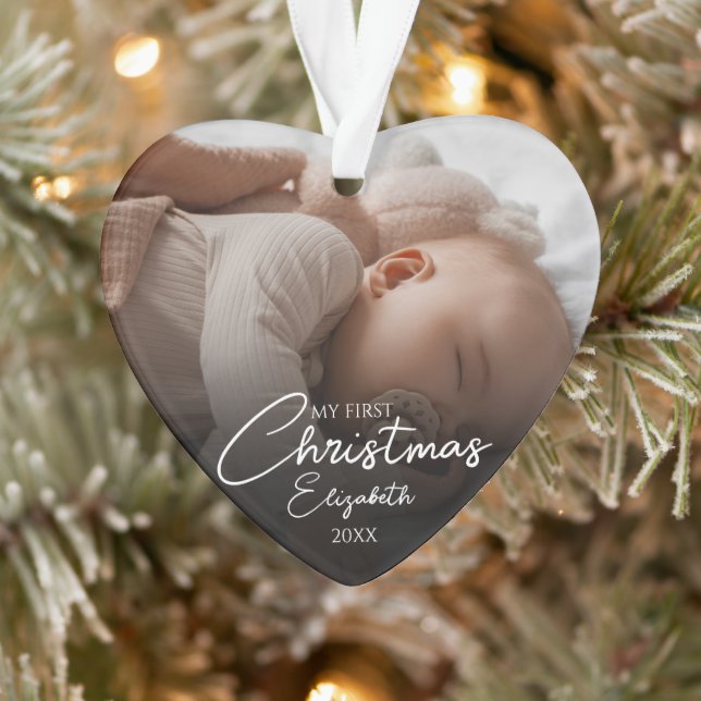 My First Christmas Baby Photo Elegant Script Ornament (Tree)