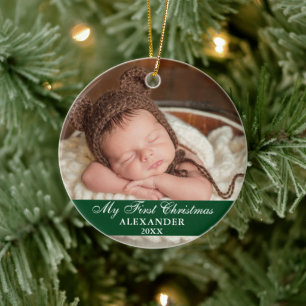 My First Christmas Baby Photo Green Ceramic Ornament