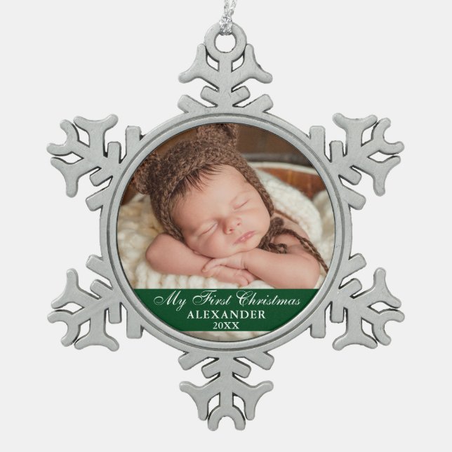 My First Christmas Baby Photo Green Snowflake Pewter Christmas Ornament (Front)