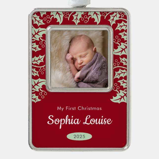 My First Christmas Baby Photo Holly Ornament (Front)