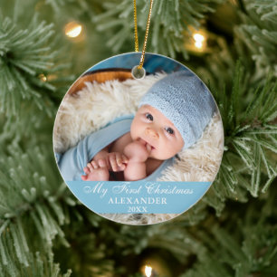 My First Christmas Baby Photo Light Blue Ceramic Ornament