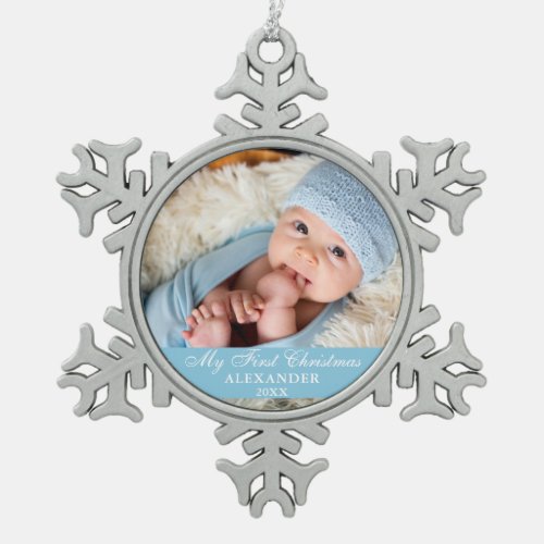 My First Christmas Baby Photo Light Blue Snowflake Pewter Christmas Ornament