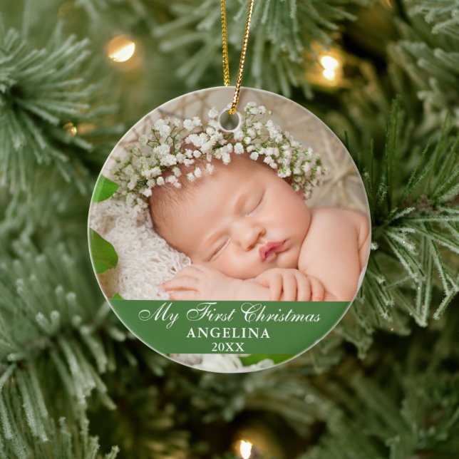 My First Christmas Baby Photo Light Green Ceramic Ornament (Tree)