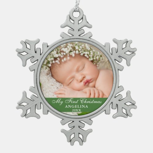 My First Christmas Baby Photo Light Green Snowflake Pewter Christmas Ornament