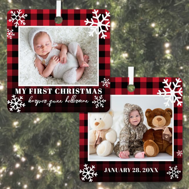 My First Christmas Baby Photo Metal Ornament (My First Christmas Red Plaid Baby Photo Metal Ornament)