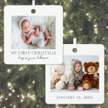 My First Christmas Baby Photo Metal Ornament<br><div class="desc">This simple and elegant boho-inspired square Christmas ornament is a sweet way to celebrate a baby's first holiday season. The design features space for one baby photo on the front and one on the back, making it a double-sided keepsake filled with precious memories. "My First Christmas" is displayed underneath the...</div>