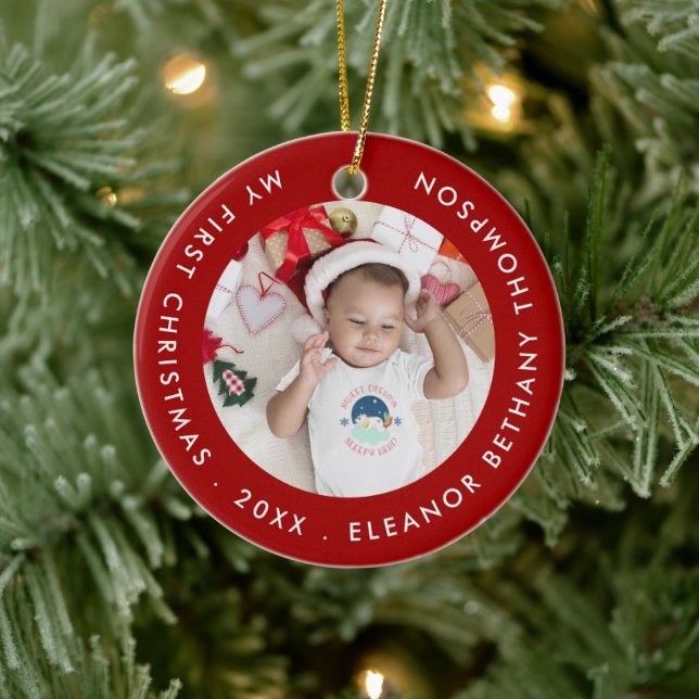 My First Christmas Baby Photo Name Year Ruby Red Ceramic Ornament (Tree)
