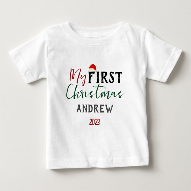 My First Christmas Baby Photo Personalize Name  Baby T-Shirt (Front)
