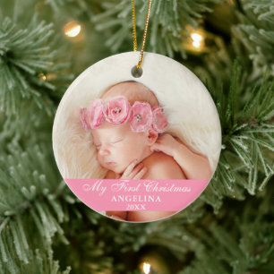 My First Christmas Baby Photo Pink Ceramic Ornament