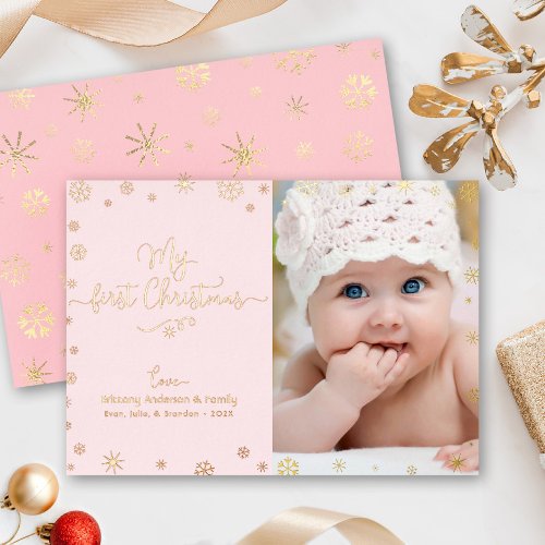 My First Christmas Baby Photo Pink Chic Real Gold  Foil Holiday Card