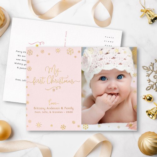 My First Christmas Baby Photo Pink Chic Real Gold Foil Holiday Postcard