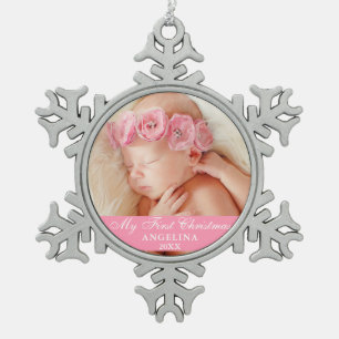My First Christmas Baby Photo Pink Snowflake Pewter Christmas Ornament