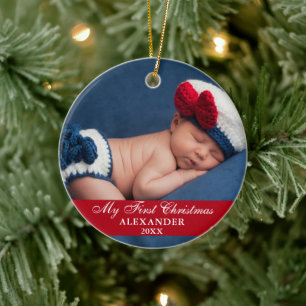 My First Christmas Baby Photo Red Ceramic Ornament