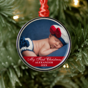 My First Christmas Baby Photo Red Metal Ornament