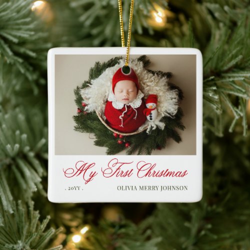 My First Christmas Baby Photo Red Script Holiday Ceramic Ornament