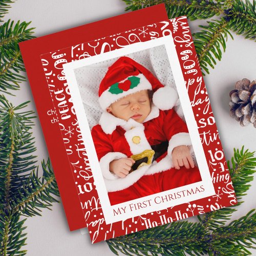 My First Christmas Baby Photo Red Typography Holiday Card