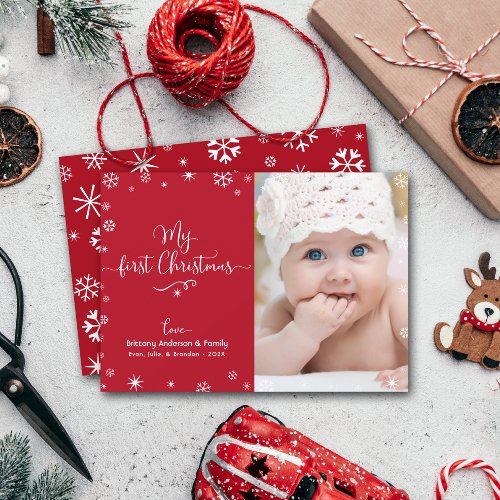 My First Christmas Baby Photo Snowflakes Chic Red Holiday Card