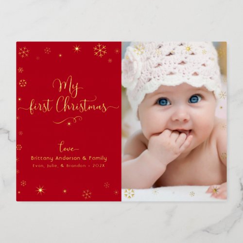 My First Christmas Baby Photo Snowflakes Real Gold Foil Holiday Postcard