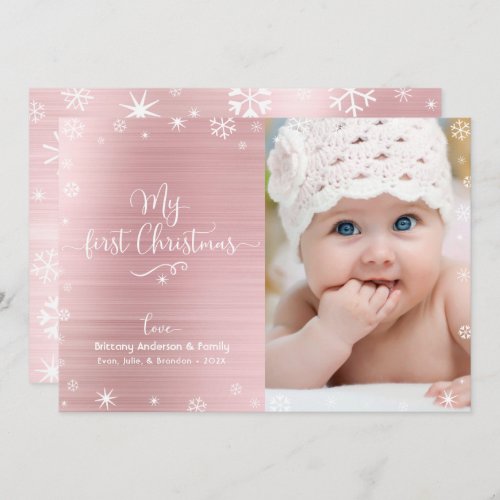 My First Christmas Baby Photo Snowflakes Rose Gold Holiday Card