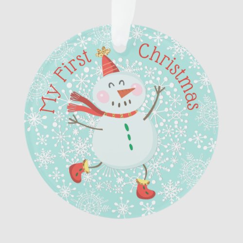 My First Christmas Baby Photo Snowman Snowflakes Ornament