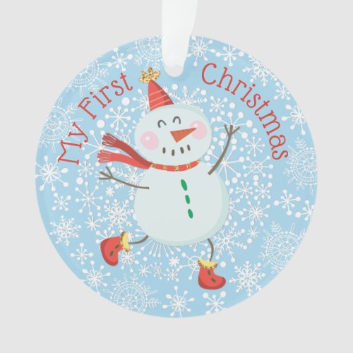 My First Christmas Baby Photo Snowman Snowflakes Ornament